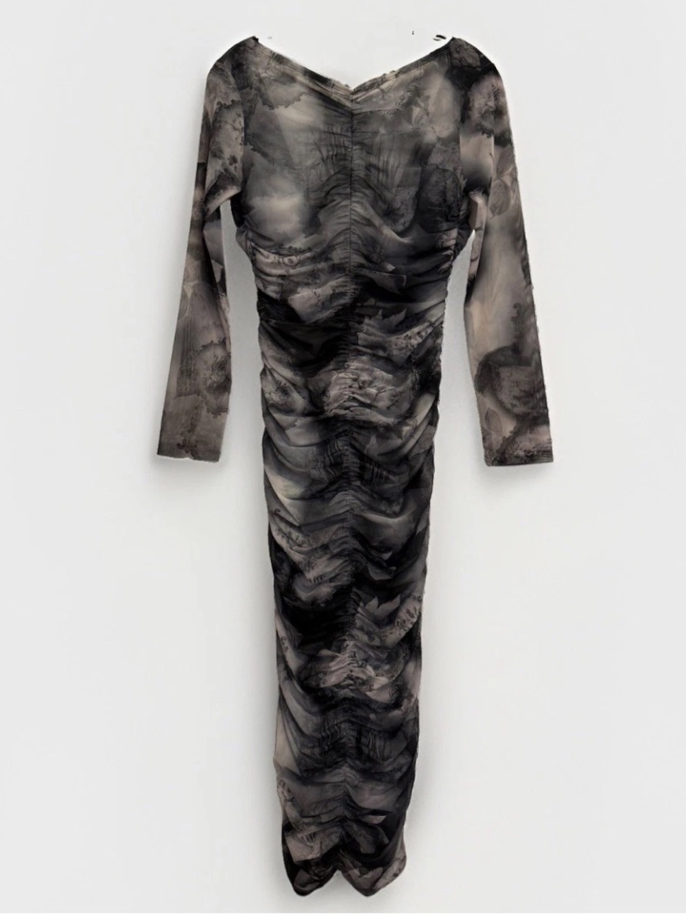 Reformation Sheer Ruched Long Sleeve Mesh Midi Dress in Gray Black Rose Print